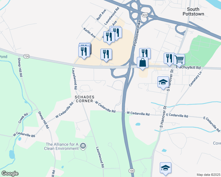 map of restaurants, bars, coffee shops, grocery stores, and more near 705 Coventry Pointe Lane in Pottstown