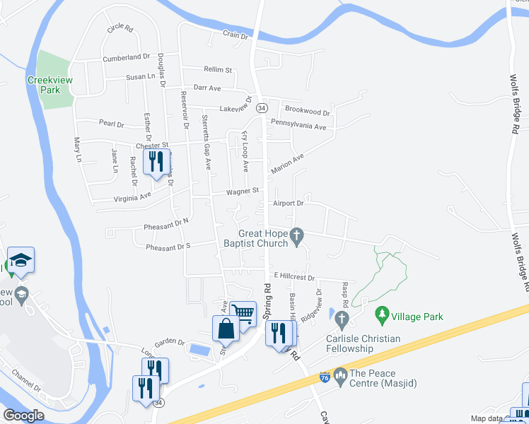 map of restaurants, bars, coffee shops, grocery stores, and more near 1880 Spring Road in Carlisle