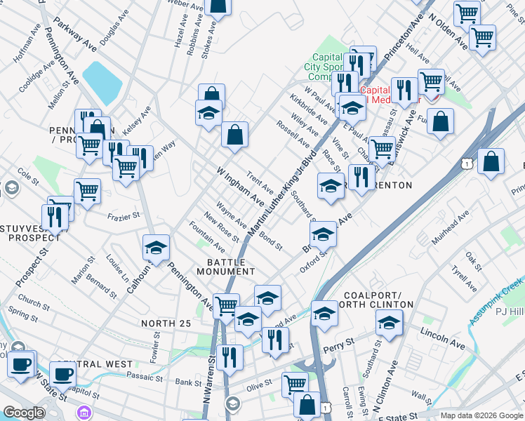 map of restaurants, bars, coffee shops, grocery stores, and more near 687 Martin Luther King Junior Boulevard in Trenton