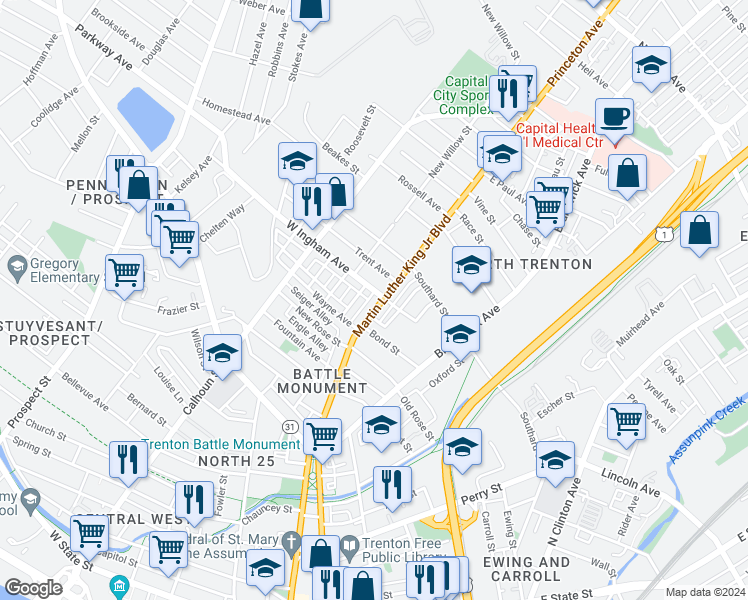 map of restaurants, bars, coffee shops, grocery stores, and more near 665 Martin Luther King Junior Boulevard in Trenton