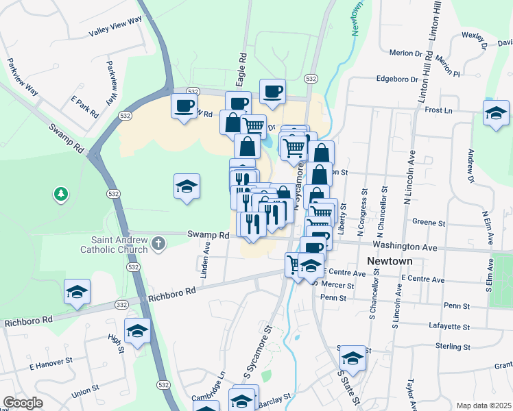 map of restaurants, bars, coffee shops, grocery stores, and more near 2135 South Eagle Road in Newtown