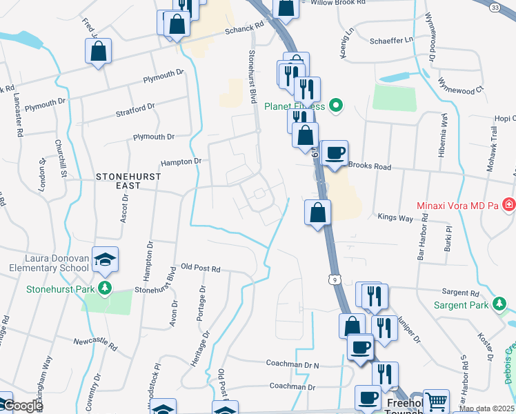 map of restaurants, bars, coffee shops, grocery stores, and more near 120 Stonehurst Boulevard in Freehold