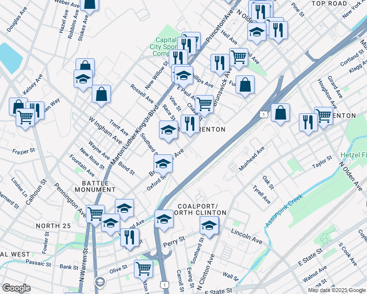 map of restaurants, bars, coffee shops, grocery stores, and more near 98 Evans Avenue in Trenton