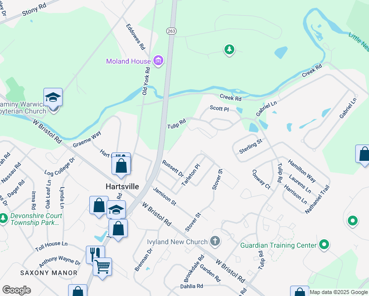 map of restaurants, bars, coffee shops, grocery stores, and more near 1003 Beechwood Place in Warminster