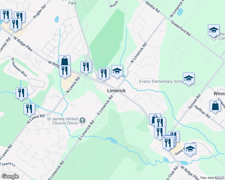 map of restaurants, bars, coffee shops, grocery stores, and more near 378 West Ridge Pike in Limerick