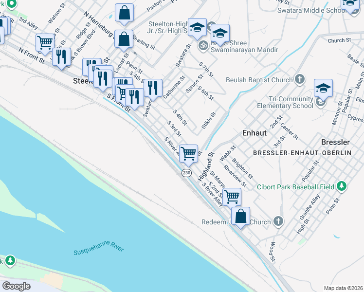 map of restaurants, bars, coffee shops, grocery stores, and more near 351 South 3rd Street in Steelton