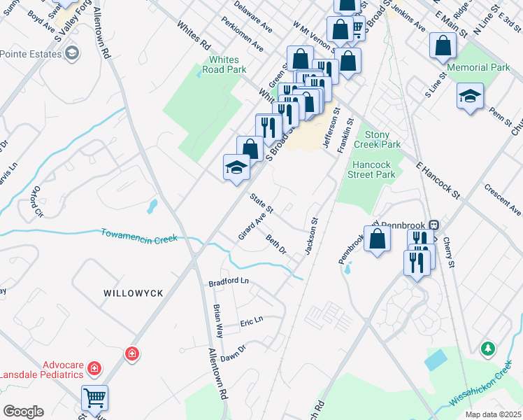 map of restaurants, bars, coffee shops, grocery stores, and more near 108 State Street in Lansdale