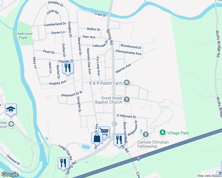 map of restaurants, bars, coffee shops, grocery stores, and more near 1878 Spring Road in Carlisle