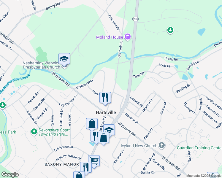 map of restaurants, bars, coffee shops, grocery stores, and more near 1484 Old York Road in Warminster