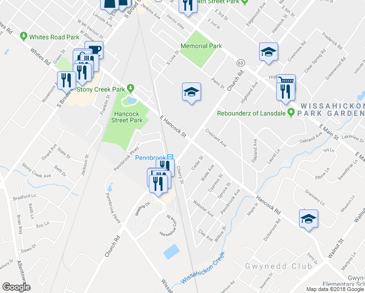 map of restaurants, bars, coffee shops, grocery stores, and more near 424 Church Road in Lansdale