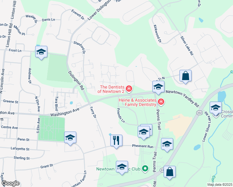 map of restaurants, bars, coffee shops, grocery stores, and more near 10 Headley Drive in Newtown