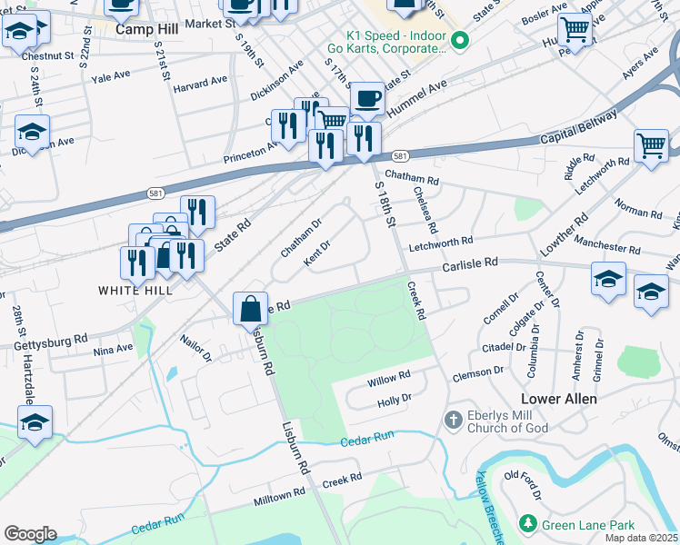 map of restaurants, bars, coffee shops, grocery stores, and more near 1905 Letchworth Drive in Camp Hill