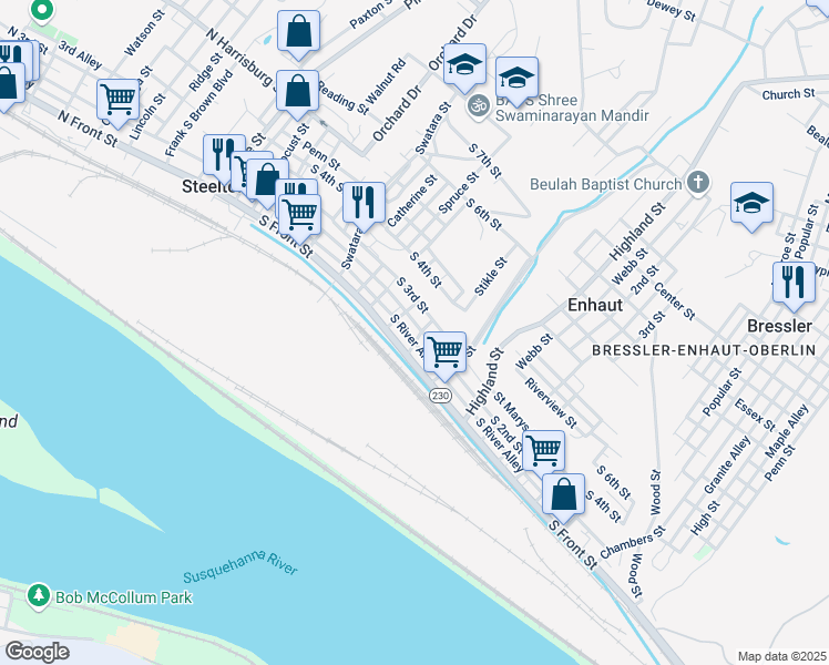 map of restaurants, bars, coffee shops, grocery stores, and more near 351 South 3rd Street in Steelton