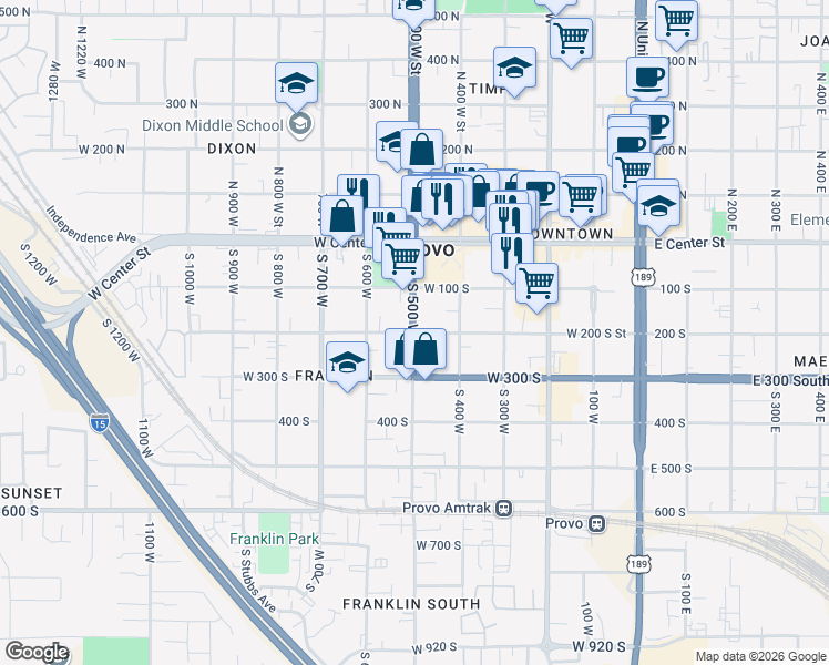 map of restaurants, bars, coffee shops, grocery stores, and more near 498 West 200 South in Provo