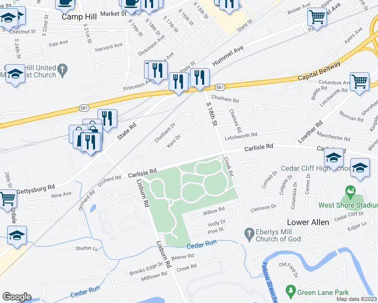 map of restaurants, bars, coffee shops, grocery stores, and more near 1903 Letchworth Drive in Camp Hill