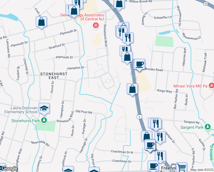 map of restaurants, bars, coffee shops, grocery stores, and more near 120 Stonehurst Boulevard in Freehold