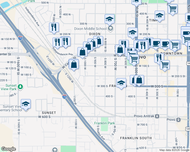 map of restaurants, bars, coffee shops, grocery stores, and more near 901 West 200 South in Provo