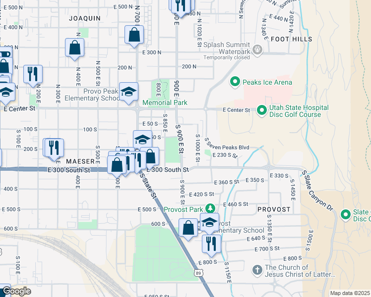 map of restaurants, bars, coffee shops, grocery stores, and more near 195 South 900 East Street in Provo