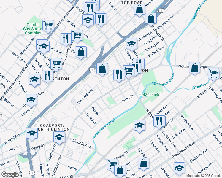 map of restaurants, bars, coffee shops, grocery stores, and more near 481 North Clinton Avenue in Trenton