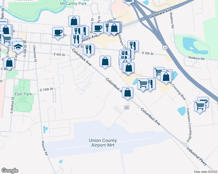 map of restaurants, bars, coffee shops, grocery stores, and more near 1100 Columbus Avenue in Marysville