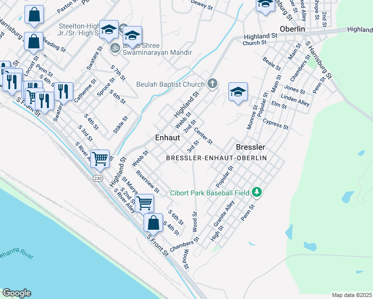 map of restaurants, bars, coffee shops, grocery stores, and more near 523 3rd Street in Steelton