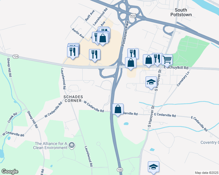 map of restaurants, bars, coffee shops, grocery stores, and more near 1604 Coventry Pointe Lane in Pottstown