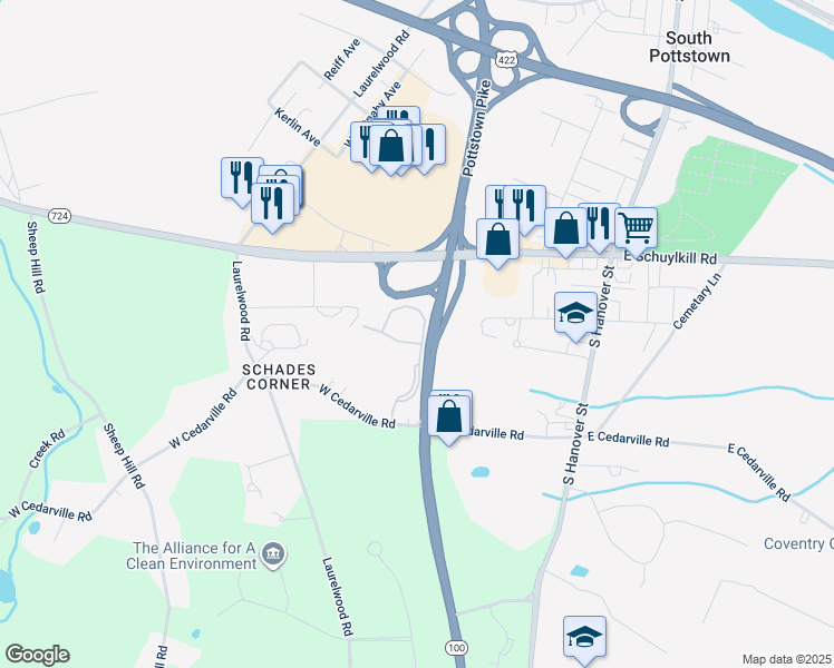 map of restaurants, bars, coffee shops, grocery stores, and more near 1604 Coventry Pointe Lane in Pottstown