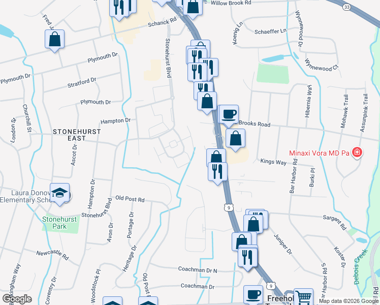 map of restaurants, bars, coffee shops, grocery stores, and more near 24 Manchester Court in Freehold
