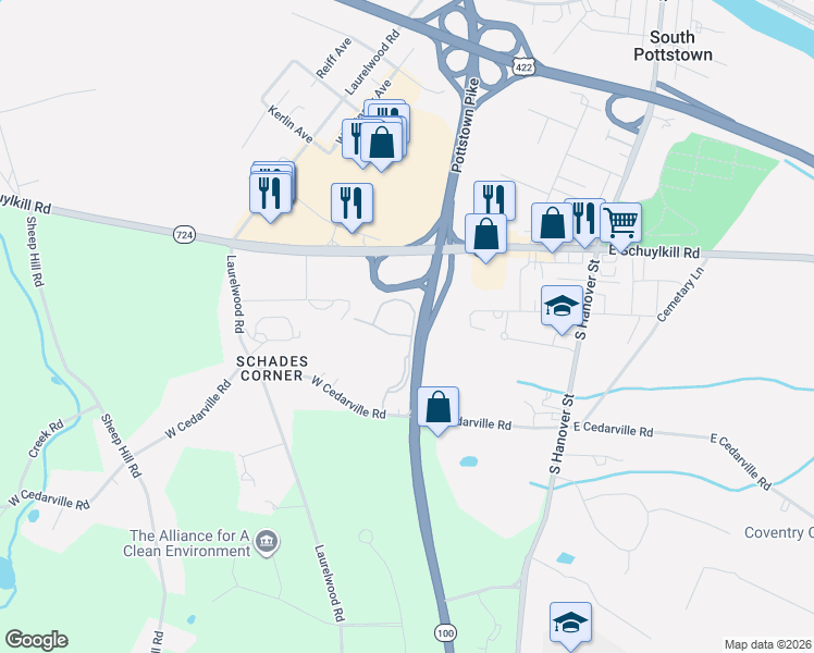 map of restaurants, bars, coffee shops, grocery stores, and more near 1504 Coventry Pointe Lane in Pottstown