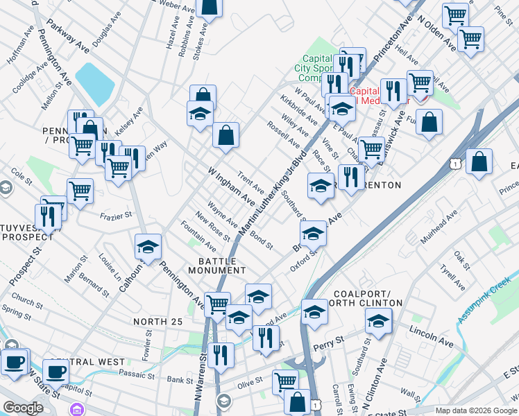 map of restaurants, bars, coffee shops, grocery stores, and more near 4 West Ingham Avenue in Trenton