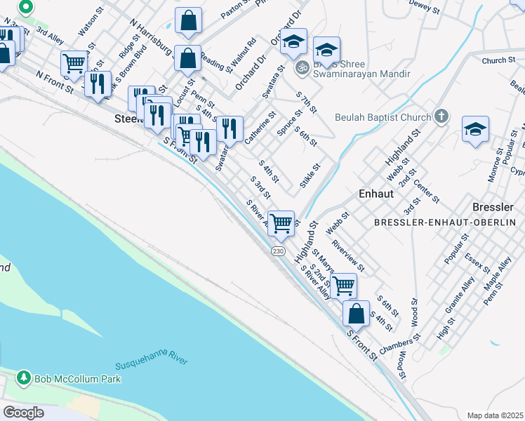 map of restaurants, bars, coffee shops, grocery stores, and more near 350 South 2nd Street in Steelton