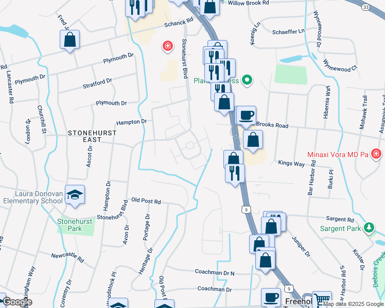 map of restaurants, bars, coffee shops, grocery stores, and more near 120 Stonehurst Boulevard in Freehold