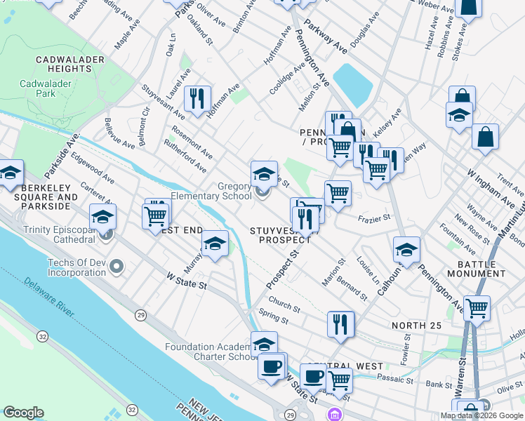 map of restaurants, bars, coffee shops, grocery stores, and more near 533 Rutherford Avenue in Trenton