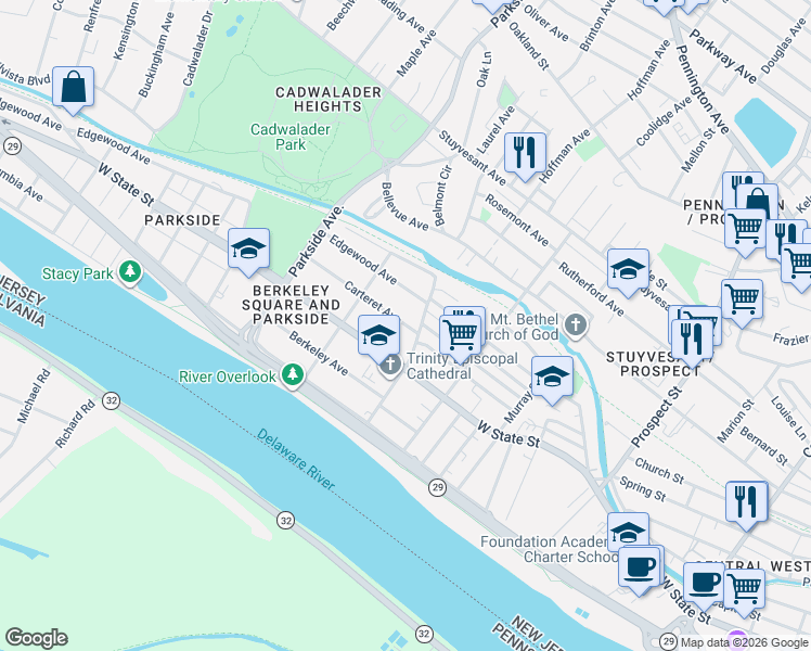 map of restaurants, bars, coffee shops, grocery stores, and more near 114 North Overbrook Avenue in Trenton