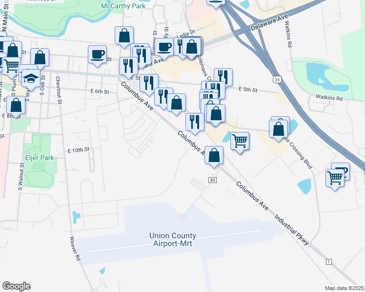 map of restaurants, bars, coffee shops, grocery stores, and more near 1100 Columbus Avenue in Marysville
