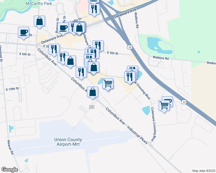 map of restaurants, bars, coffee shops, grocery stores, and more near 581 Colemans Crossing in Marysville