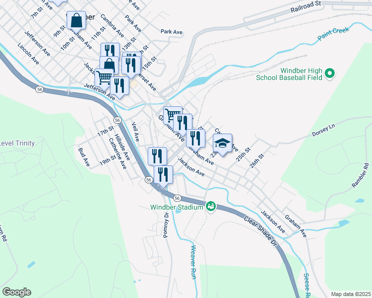 map of restaurants, bars, coffee shops, grocery stores, and more near 2008 Graham Avenue in Windber
