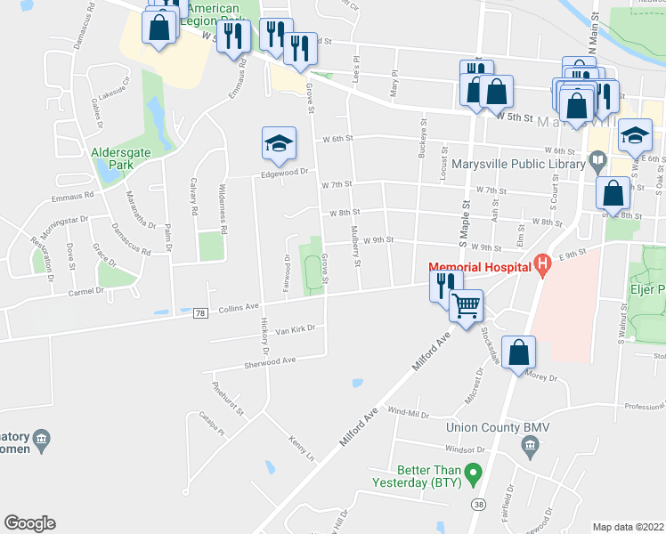 map of restaurants, bars, coffee shops, grocery stores, and more near 430 Grove Street in Marysville