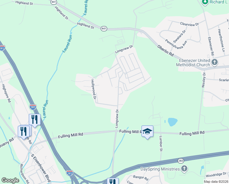 map of restaurants, bars, coffee shops, grocery stores, and more near 1537 Longview Drive in Middletown