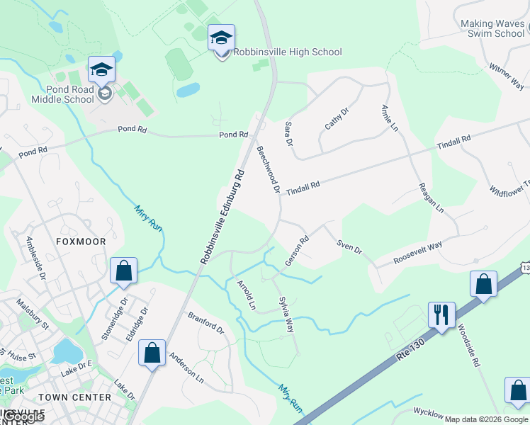 map of restaurants, bars, coffee shops, grocery stores, and more near 39 Beechwood Drive in Robbinsville Township