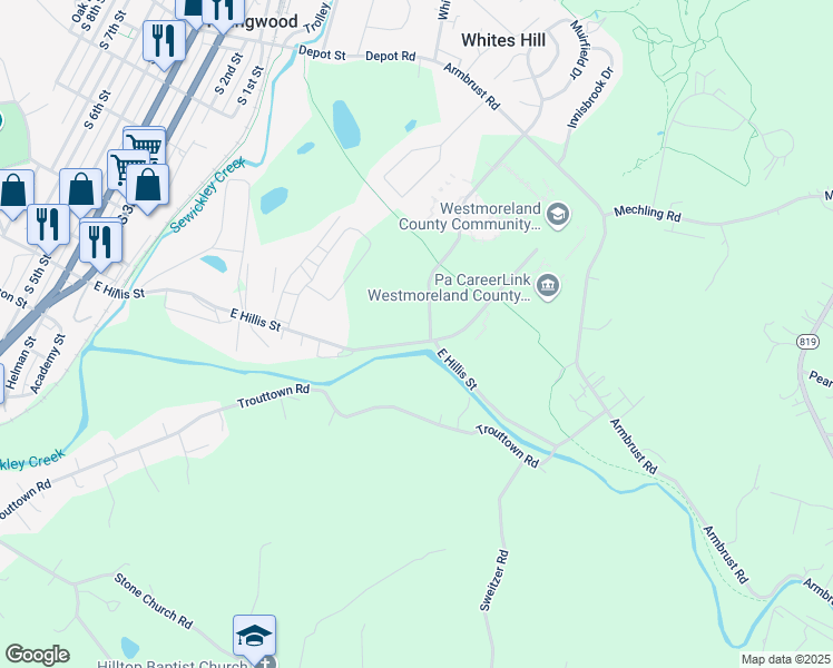 map of restaurants, bars, coffee shops, grocery stores, and more near 142 East Hillis Street in Youngwood