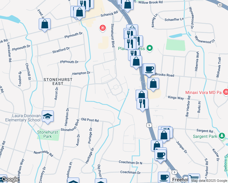 map of restaurants, bars, coffee shops, grocery stores, and more near 120 Stonehurst Boulevard in Freehold
