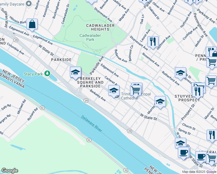 map of restaurants, bars, coffee shops, grocery stores, and more near 844 West State Street in Trenton