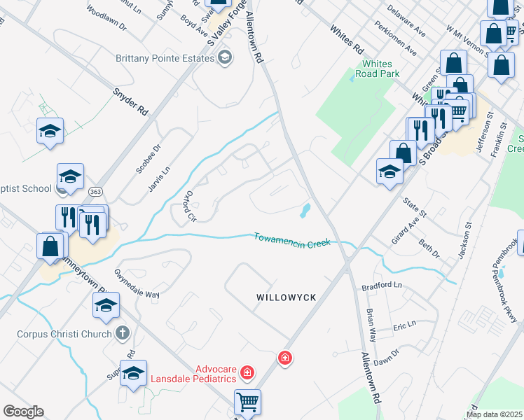 map of restaurants, bars, coffee shops, grocery stores, and more near 1372-1398 Oxford Cir in Lansdale