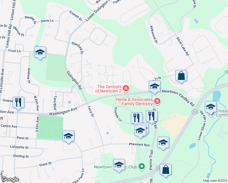 map of restaurants, bars, coffee shops, grocery stores, and more near 10 Headley Drive in Newtown