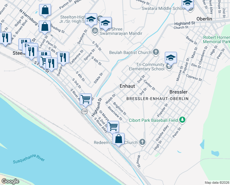 map of restaurants, bars, coffee shops, grocery stores, and more near 404 Highland Street in Steelton