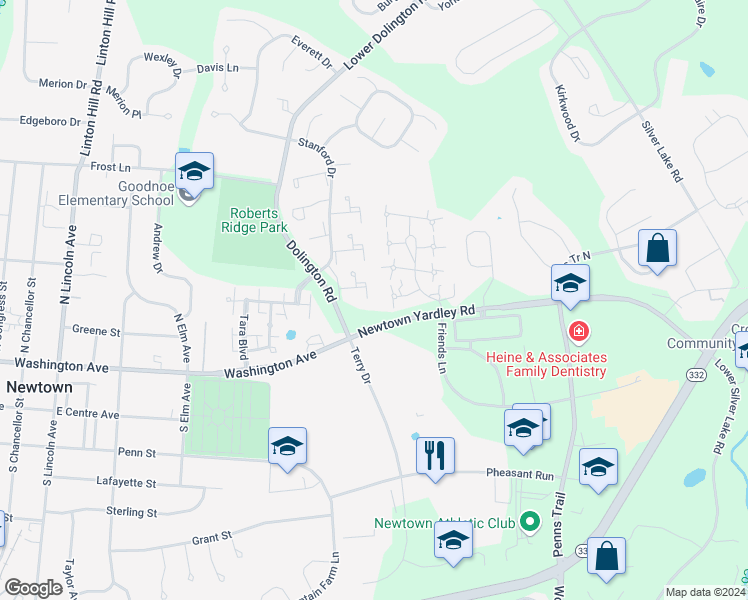 map of restaurants, bars, coffee shops, grocery stores, and more near 131 Windham Court in Newtown
