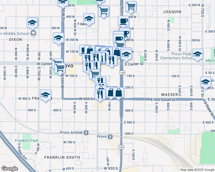 map of restaurants, bars, coffee shops, grocery stores, and more near 160 South 100 West Street in Provo