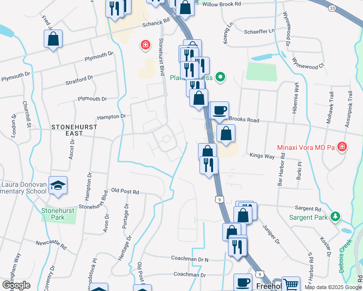 map of restaurants, bars, coffee shops, grocery stores, and more near 24 Manchester Court in Freehold