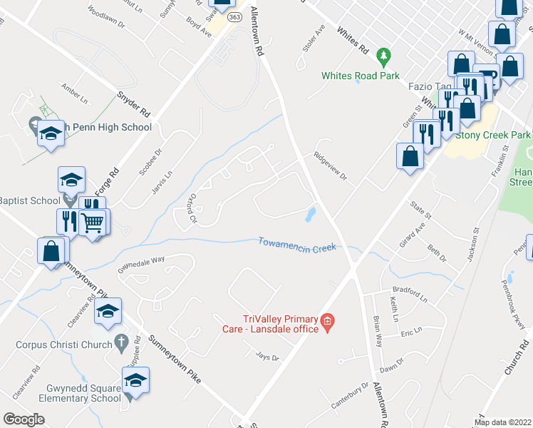 map of restaurants, bars, coffee shops, grocery stores, and more near 1372-1398 Oxford Cir in Lansdale